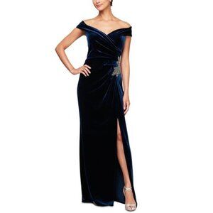 Alex Evenings Blue velvet off the Shoulder evening gown Dress